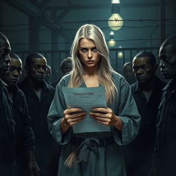 A scene depicting a white woman with long blonde hair, dressed in torn prison clothes, standing in a dimly lit prison environment