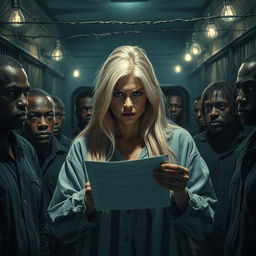 A scene depicting a white woman with long blonde hair, dressed in torn prison clothes, standing in a dimly lit prison environment