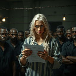 A scene depicting a white woman with long blonde hair, dressed in torn prison clothes, standing in a dimly lit prison environment