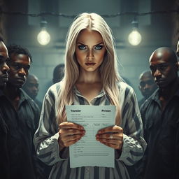 A scene depicting a white woman with long blonde hair, dressed in torn prison clothes, standing in a dimly lit prison environment