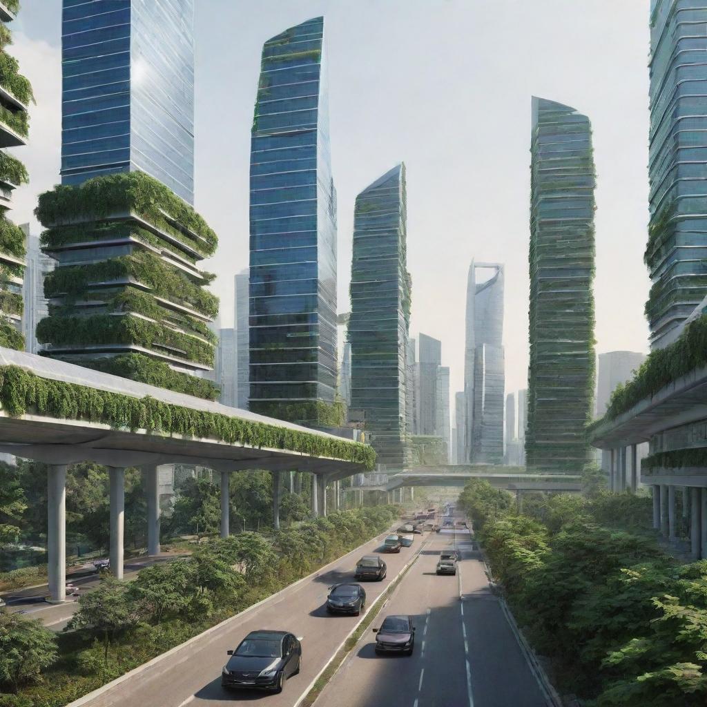 A city environment in the year 2080, portraying advanced technology, eco-friendly transportation, skyscrapers covered in greenery and solar panels, and a society adapting to an increasingly digital world