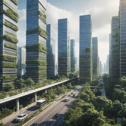 A city environment in the year 2080, portraying advanced technology, eco-friendly transportation, skyscrapers covered in greenery and solar panels, and a society adapting to an increasingly digital world