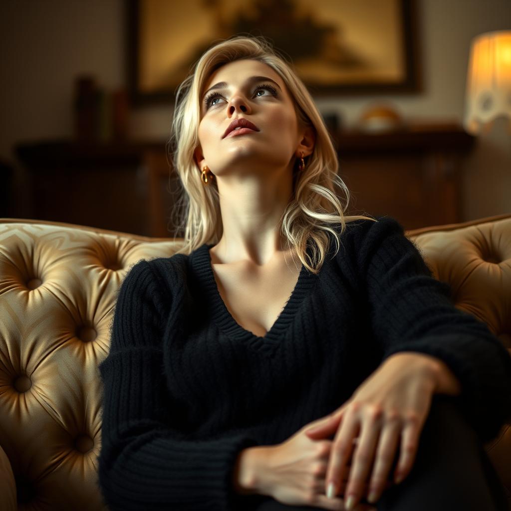 A cozy, intimate portrait of a thin blonde dominatrix with large breasts, sitting on a lush sofa, dressed in a black angora sweater