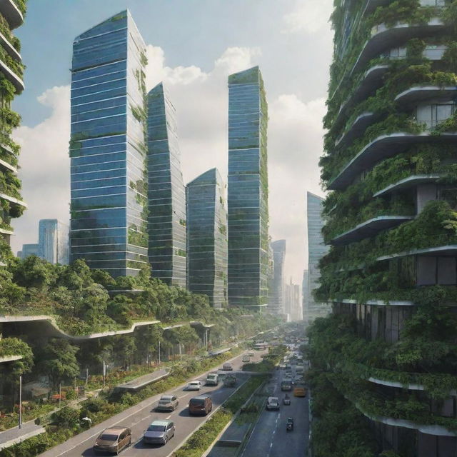 A city environment in the year 2080, portraying advanced technology, eco-friendly transportation, skyscrapers covered in greenery and solar panels, and a society adapting to an increasingly digital world