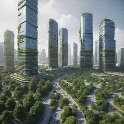 A city environment in the year 2080, portraying advanced technology, eco-friendly transportation, skyscrapers covered in greenery and solar panels, and a society adapting to an increasingly digital world