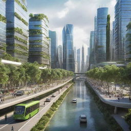 A depiction of a city in the year 2070, highlighting innovative technology, sustainable transport systems, green infrastructure, and people making use of smart devices in their day-to-day life