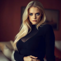 A cozy, intimate portrait of a thin blonde dominatrix with large breasts, standing over the camera, dressed in a black angora sweater