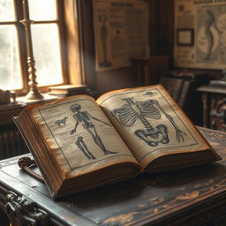 An ancient book open to a page illustrating the human skeletal system, featuring detailed and ornate sketches of bones, vertebrae and joints