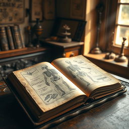 An ancient book open to a page illustrating the human skeletal system, featuring detailed and ornate sketches of bones, vertebrae and joints