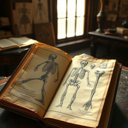 An ancient book open to a page illustrating the human skeletal system, featuring detailed and ornate sketches of bones, vertebrae and joints