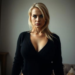 A cozy, intimate portrait of a thin blonde dominatrix with large breasts, standing over the camera, dressed in a black angora sweater