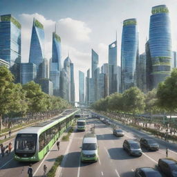 A depiction of a city in the year 2070, highlighting innovative technology, sustainable transport systems, green infrastructure, and people making use of smart devices in their day-to-day life