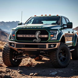 A powerful and sleek truck with the brand name 'Serpens' adorned with a stylized serpent logo on the front grille