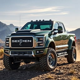 A powerful and sleek truck with the brand name 'Serpens' adorned with a stylized serpent logo on the front grille