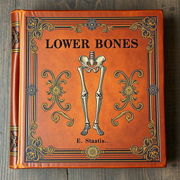 A vintage book cover designed for an ancient text about the lower bones of the human skeleton, featuring an intricate illustration of the femur, tibia, and fibula