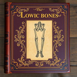 A vintage book cover designed for an ancient text about the lower bones of the human skeleton, featuring an intricate illustration of the femur, tibia, and fibula