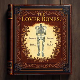 A vintage book cover designed for an ancient text about the lower bones of the human skeleton, featuring an intricate illustration of the femur, tibia, and fibula