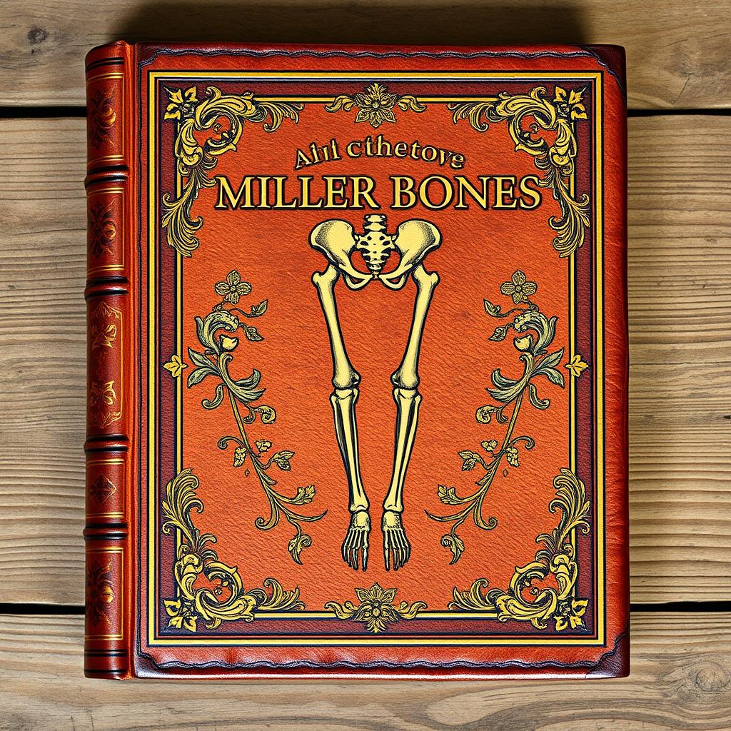 A vintage book cover designed for an ancient text about the lower bones of the human skeleton, featuring an intricate illustration of the femur, tibia, and fibula