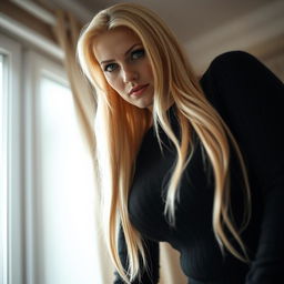 A cozy, intimate portrait of a thin blonde dominatrix with large breasts, standing over the camera, dressed in a black angora sweater