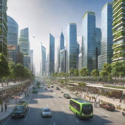 A depiction of a city in the year 2070, highlighting innovative technology, sustainable transport systems, green infrastructure, and people making use of smart devices in their day-to-day life