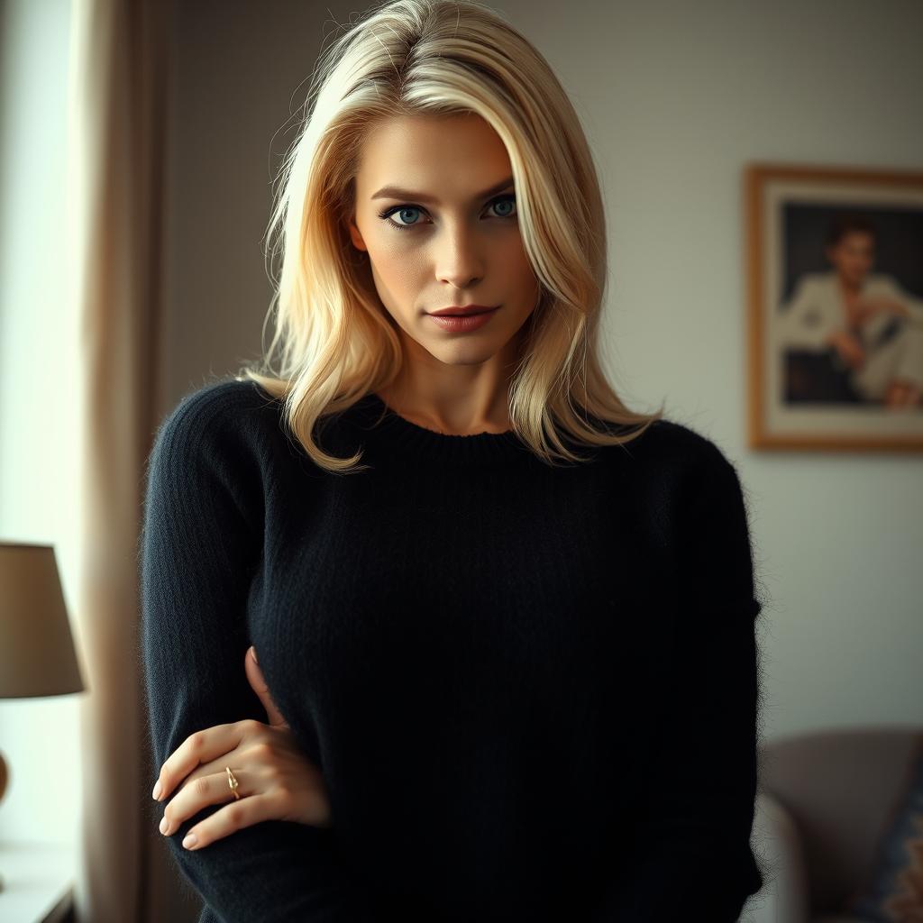 A cozy, intimate portrait of a thin blonde dominatrix with large breasts, standing over the camera, dressed in a black angora sweater