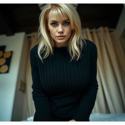 A cozy, intimate portrait of a thin blonde dominatrix with large breasts, standing over the camera, dressed in a black angora sweater