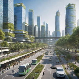 A depiction of a city in the year 2070, highlighting innovative technology, sustainable transport systems, green infrastructure, and people making use of smart devices in their day-to-day life