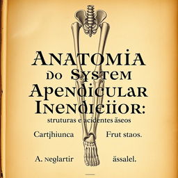 An old book cover titled 'Anatomia do Sistema Apendicular Inferior: Estruturas e Acidentes Ósseos', featuring a vintage anatomical illustration of the human lower limb, showcasing the bones of the lower body including the femur, tibia, fibula, patella, and foot bones