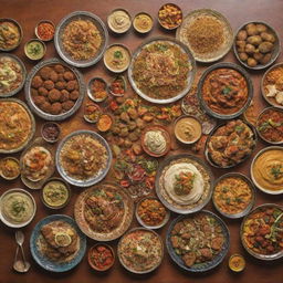 A cartoonish depiction of a lavish spread of Arabian food, complete with colorful dishes such as hummus, kebabs, and biryani, all presented in intricate detail.