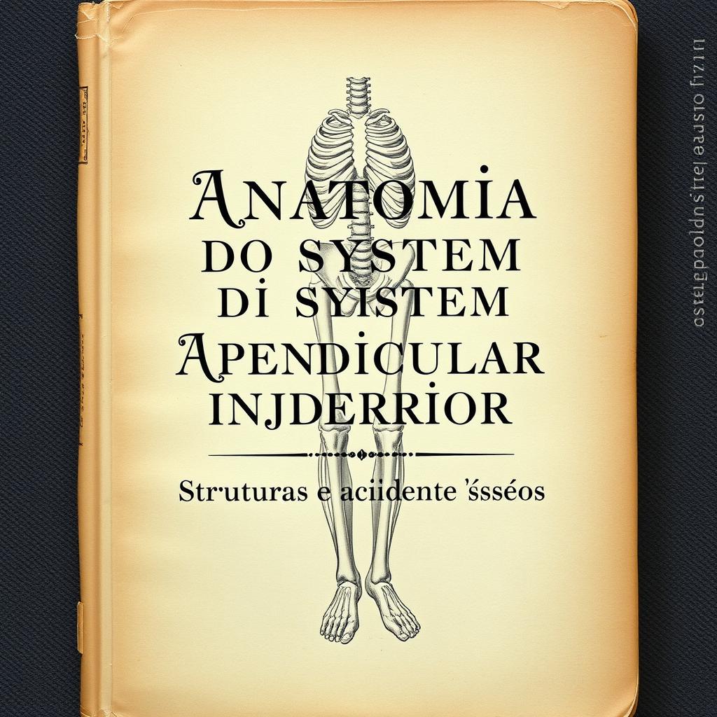 An old book cover titled 'Anatomia do Sistema Apendicular Inferior: Estruturas e Acidentes Ósseos', featuring a vintage anatomical illustration of the human lower limb, showcasing the bones of the lower body including the femur, tibia, fibula, patella, and foot bones