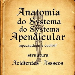 An old book cover titled 'Anatomia do Sistema Apendicular Inferior: Estruturas e Acidentes Ósseos', featuring a vintage anatomical illustration of the human lower limb, showcasing the bones of the lower body including the femur, tibia, fibula, patella, and foot bones