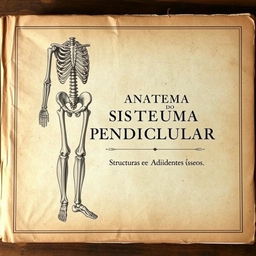 An old book cover titled 'Anatomia do Sistema Apendicular Inferior: Estruturas e Acidentes Ósseos', featuring a vintage anatomical illustration of the human lower limb, showcasing the bones of the lower body including the femur, tibia, fibula, patella, and foot bones