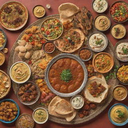 A cartoonish depiction of a lavish spread of Arabian food, complete with colorful dishes such as hummus, kebabs, and biryani, all presented in intricate detail.