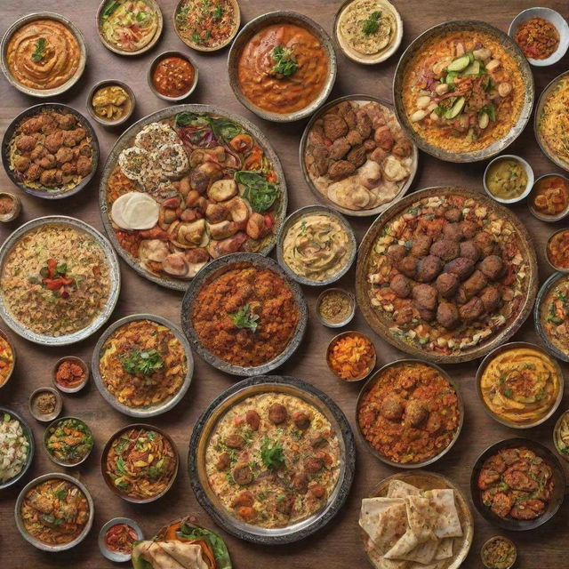 A cartoonish depiction of a lavish spread of Arabian food, complete with colorful dishes such as hummus, kebabs, and biryani, all presented in intricate detail.