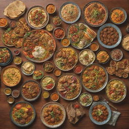 A cartoonish depiction of a lavish spread of Arabian food, complete with colorful dishes such as hummus, kebabs, and biryani, all presented in intricate detail.