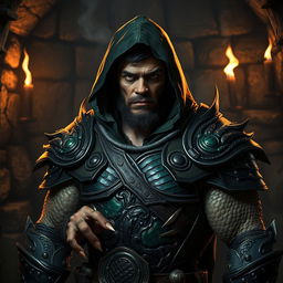 A confident 35-year-old half-orc, half-dragon warrior stands in an ancient stone chamber