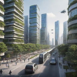 An urban landscape in the year 2060, featuring modernized technology, emission-free transportation, environmentally friendly buildings, and individuals interacting with advanced AI technology