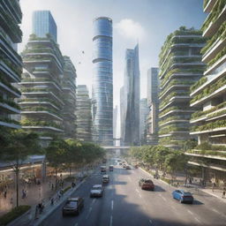 An urban landscape in the year 2060, featuring modernized technology, emission-free transportation, environmentally friendly buildings, and individuals interacting with advanced AI technology