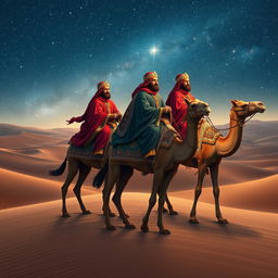 Melchior, Gaspar, and Balthazar, the three wise men, riding their camels through a vast desert landscape, illuminated by a stunning starry night sky