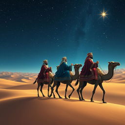 Melchior, Gaspar, and Balthazar, the three wise men, riding their camels through a vast desert landscape, illuminated by a stunning starry night sky