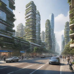 An urban landscape in the year 2060, featuring modernized technology, emission-free transportation, environmentally friendly buildings, and individuals interacting with advanced AI technology