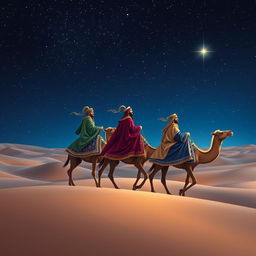 Melchior, Gaspar, and Balthazar, the three wise men, riding their camels through a vast desert landscape, illuminated by a stunning starry night sky