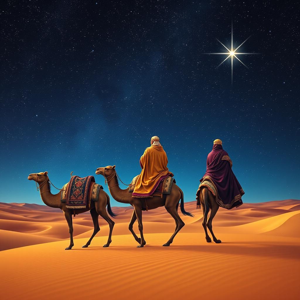 Melchior, Gaspar, and Balthazar, the three wise men, riding their camels through a vast desert landscape, illuminated by a stunning starry night sky