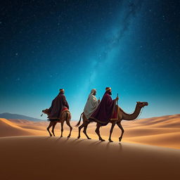 Three wise men, Melchior, Gaspar, and Balthazar (a Black man), riding their camels in a vast desert under a stunning starry sky