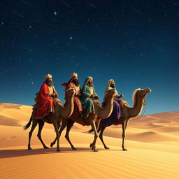 Three wise men, Melchior, Gaspar, and Balthazar (a Black man), riding their camels in a vast desert under a stunning starry sky