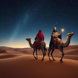 Three wise men, Melchior, Gaspar, and Balthazar (a Black man), riding their camels in a vast desert under a stunning starry sky