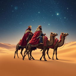 Three wise men, Melchior, Gaspar, and Balthazar (a Black man), riding their camels in a vast desert under a stunning starry sky