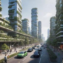 An urban landscape in the year 2060, featuring modernized technology, emission-free transportation, environmentally friendly buildings, and individuals interacting with advanced AI technology