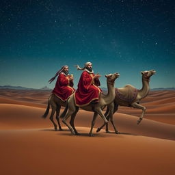 Three wise men, Melchior, Gaspar, and Balthazar, dressed in rich, traditional robes, are riding majestic camels through a vast desert landscape