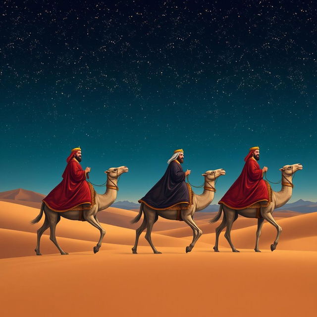 Three wise men, Melchior, Gaspar, and Balthazar, dressed in rich, traditional robes, are riding majestic camels through a vast desert landscape